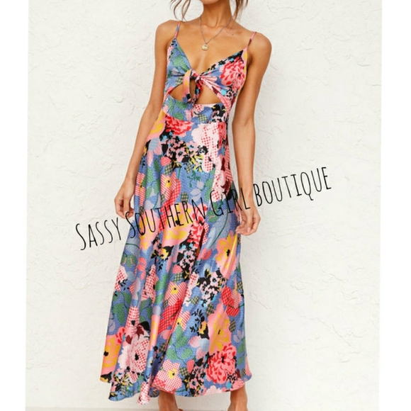 🆕⭐ Boho floral satin honey knot midi dress - Picture 11 of 16